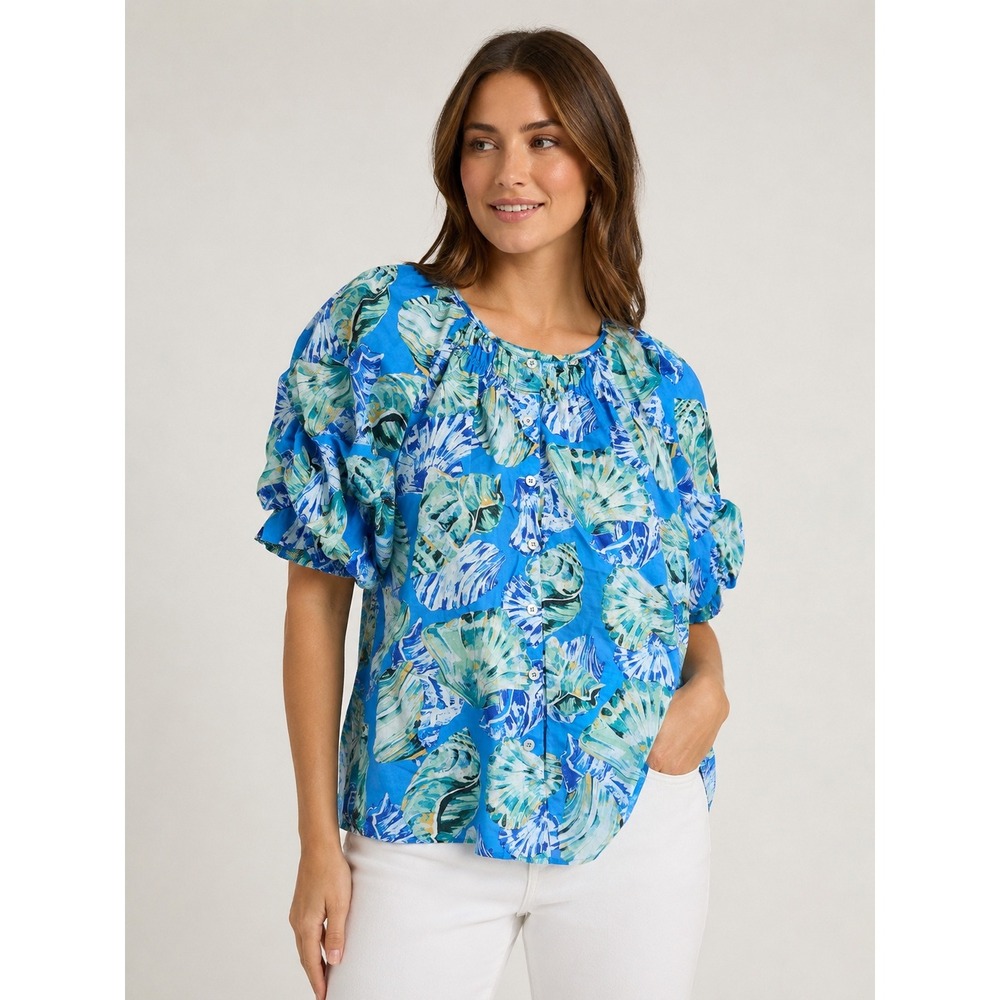 Chico's Button Front Blouse Women 0 S Blue Seashell Smocked Puff Sleeve Ramie